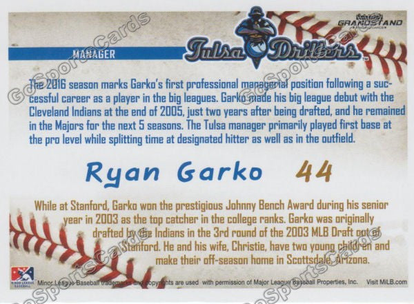 2016 Tulsa Drillers Ryan Garko Back of Card