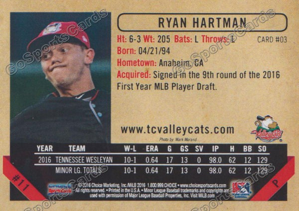 2016 Tri City ValleyCats Ryan Hartman Back of Card