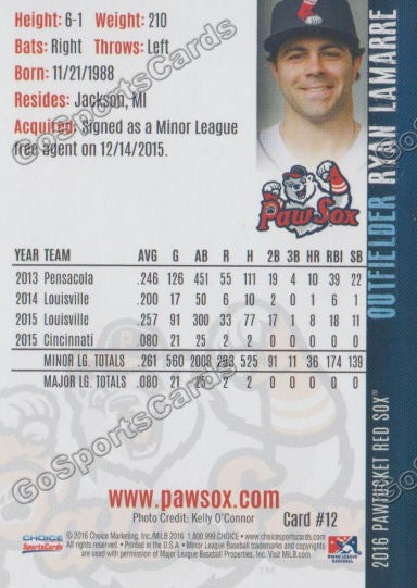 2016 Pawtucket Red Sox Ryan Lamarre Back of Card