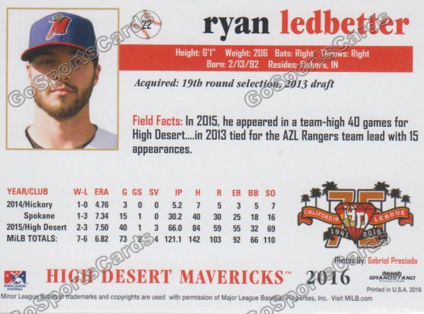 2016 High Desert Mavericks Ryan Ledbetter Back of Card