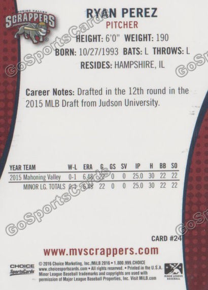 2016 Mahoning Valley Scrappers Ryan Perez Back of Card