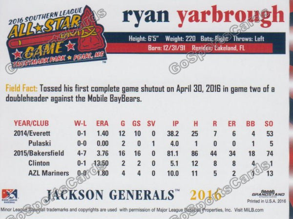 2016 Southern League All Star N Ryan Yarbrough Back of Card