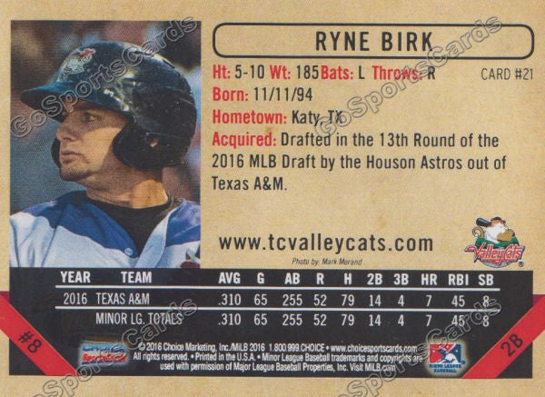 2016 Tri City ValleyCats Ryne Birk Back of Card