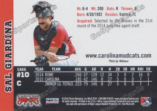 2016 Carolina MudCats Sal Giardina Back of Card