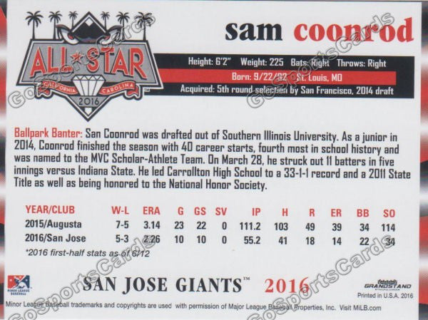 2016 California League All Star Sam Coonrod Back of Card