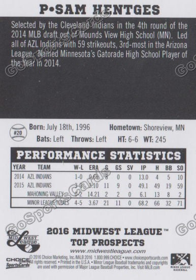 2016 Midwest League Top Prospect Sam Hentges Back of Card