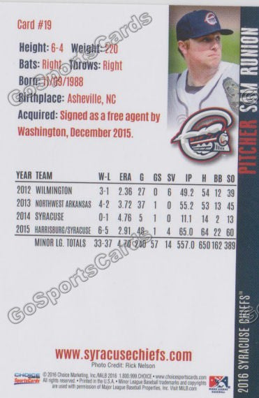 2016 Syracuse Chiefs Sam Runion Back of Card
