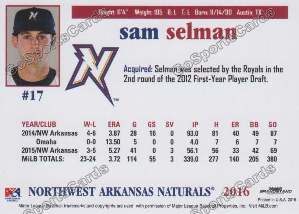 2016 Northwest Arkansas Naturals Sam Selman  Back of Card