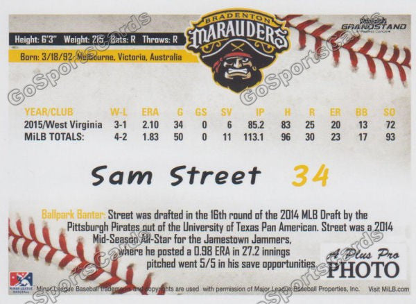 2016 Bradenton Marauders Sam Street Back of Card