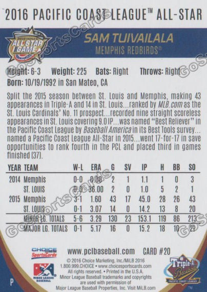2016 Pacific Coast League All Star Sam Tuivailala Back of Card