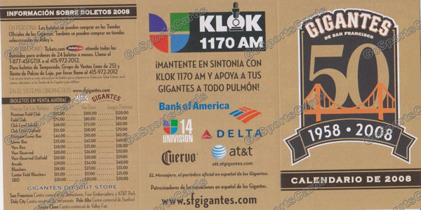 2008 San Francisco Giants Gigantes Pocket Schedule (Spanish, Flat)