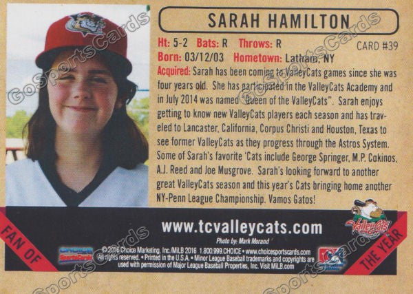 2016 Tri City ValleyCats Sarah Hamilton Back of Card