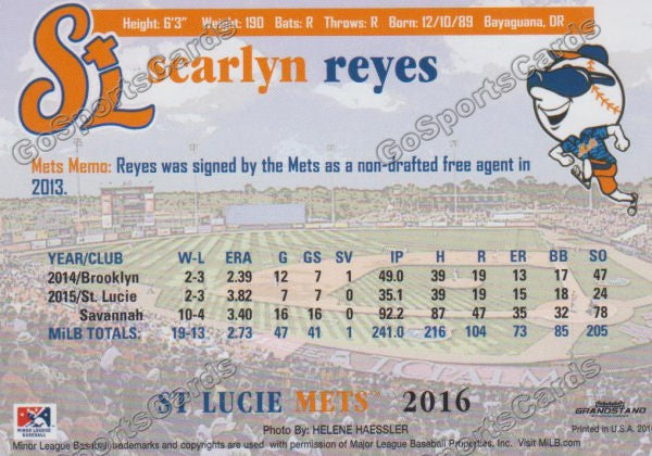 2016 St Lucie Mets Scarlyn Reyes  Back of Card