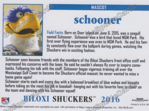 2016 Biloxi Shuckers Schooner Mascot Back of Card
