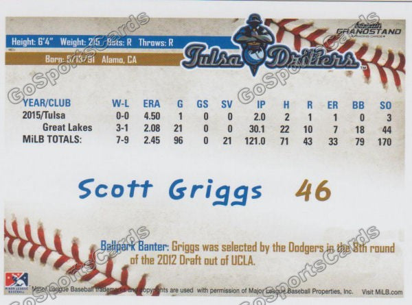 2016 Tulsa Drillers Scott Griggs Back of Card