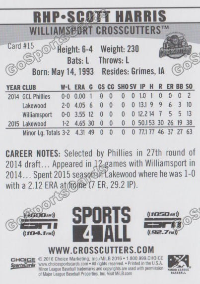 2016 Williamsport Crosscutters Scott Harris Back of Card