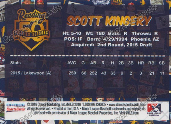 2016 Reading Fightin Phils Top Prospect 25 Scott Kingery  Back of Card