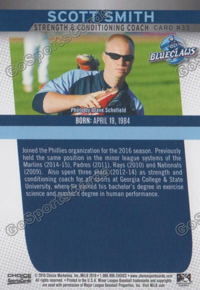 2016 Lakewood BlueClaws Scott Smith Back of Card