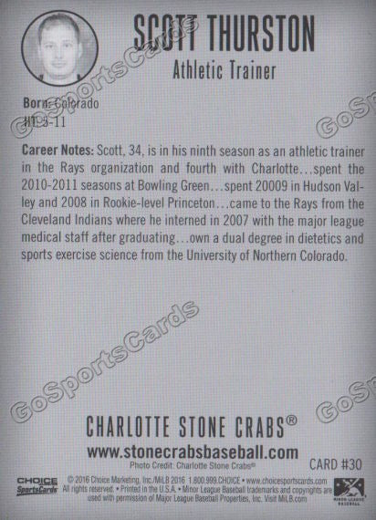 2016 Charlotte Stone Crabs Scott Thurston Back of Card