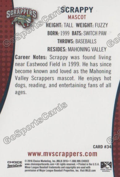 2016 Mahoning Valley Scrappers Scrappy Mascot Back of Card