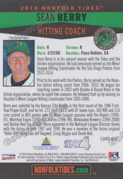 2016 Norfolk Tides Sean Berry Back of Card