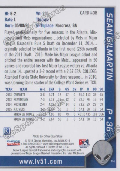 2016 Las Vegas 51s Sean Gilmartin  Back of Card