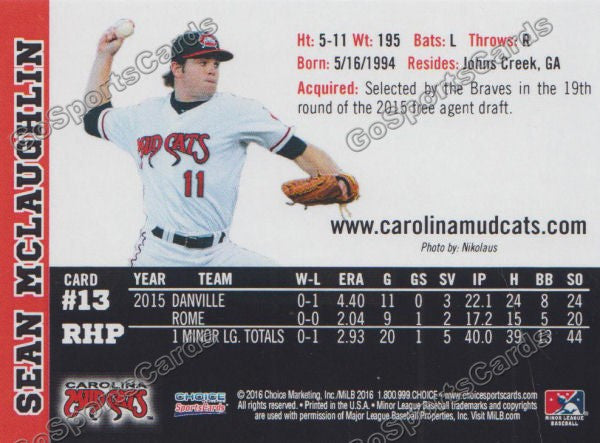 2016 Carolina MudCats Sean McLaughlin Back of Card