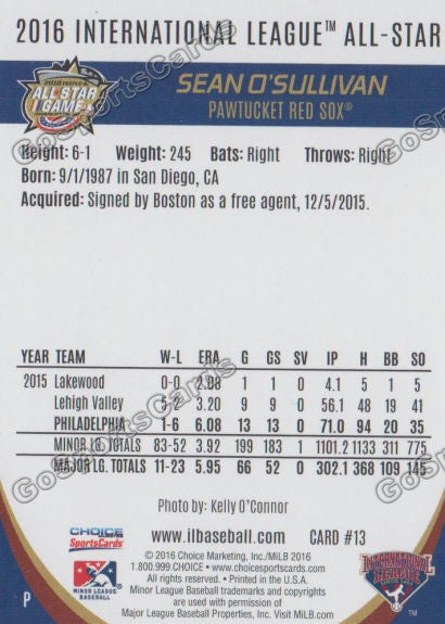 2016 International League All Star Sean O'Sullivan Back of Card