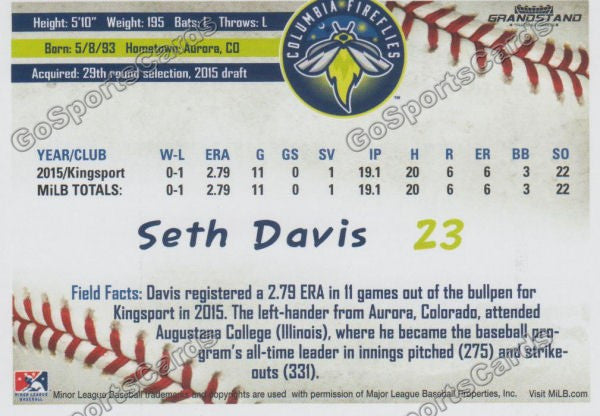 2016 Columbia Fireflies Seth Davis Back of Card