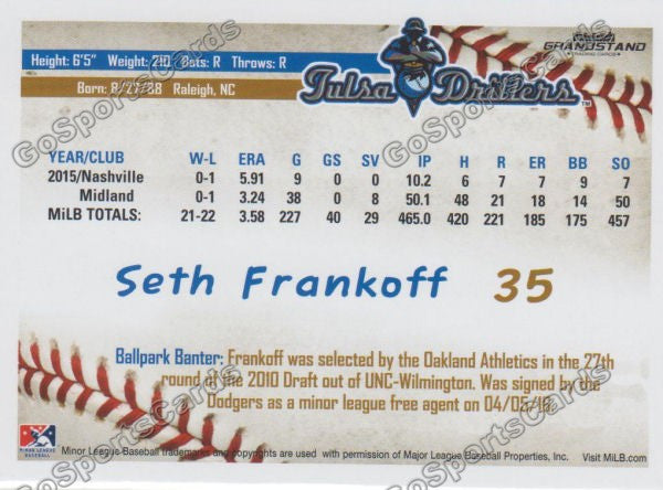 2016 Tulsa Drillers Seth Frankoff Back of Card