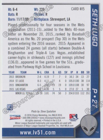 2016 Las Vegas 51s Seth Lugo  Back of Card
