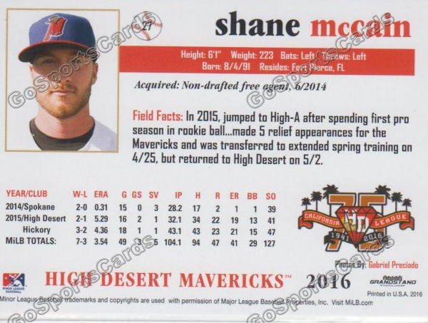 2016 High Desert Mavericks Shane McCain Back of Card