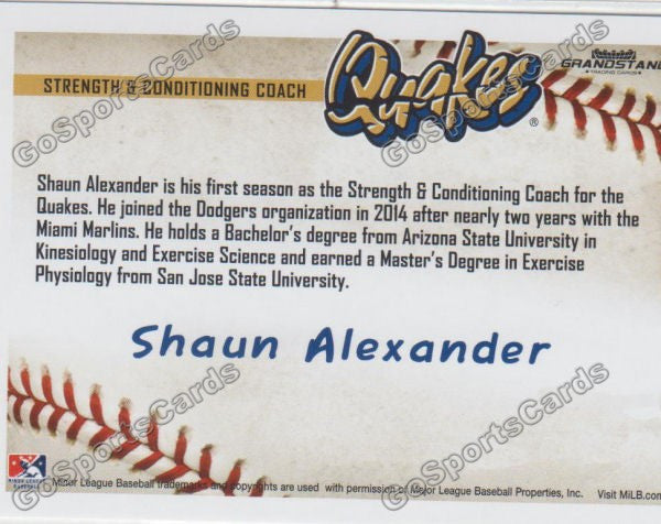2016 Rancho Cucamonga Quakes Shaun Alexander Back of Card