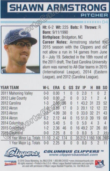 2016 Columbus Clippers Shawn Armstrong Back of Card