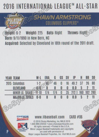 2016 International League All Star Shawn Armstrong Back of Card