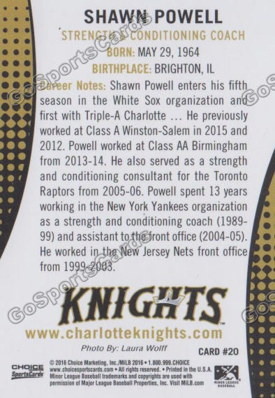 2016 Charlotte Knights Shawn Powell Back of Card