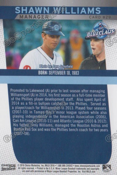 2016 Lakewood BlueClaws Shawn Williams Back of Card