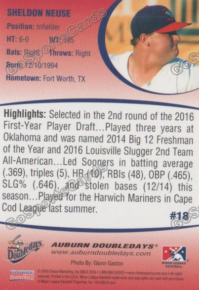 2016 Auburn Doubledays Sheldon Neuse Back of Card