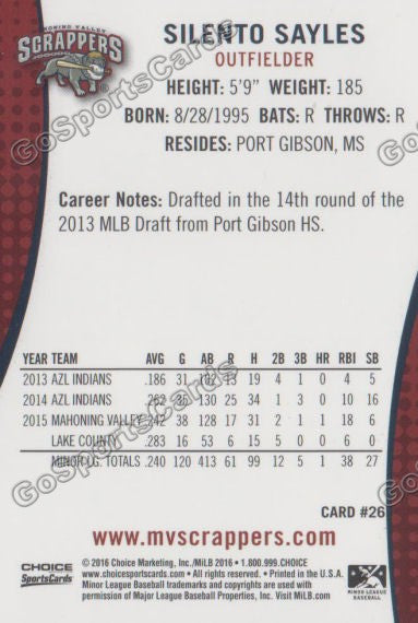 2016 Mahoning Valley Scrappers Silento Sayles Back of Card