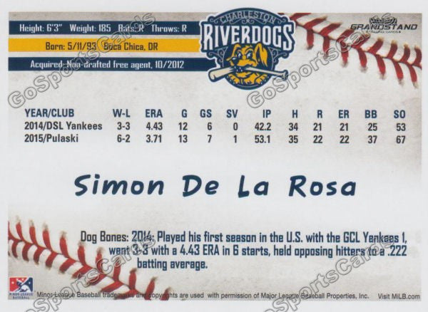 2016 Charleston RiverDogs Simon De La Rosa Back of Card