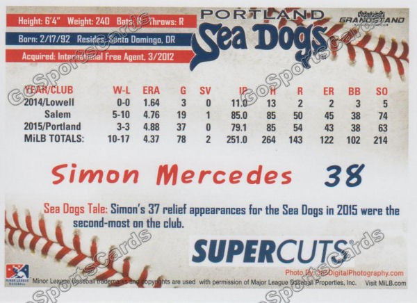2016 Portland Sea Dogs Simon Mercedes Back of Card