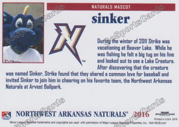 2016 Northwest Arkansas Naturals Sinker Mascot  Back of Card