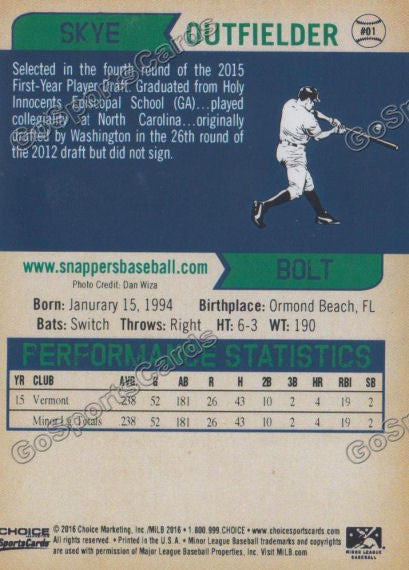 2016 Beloit Snappers Skye Bolt Back of Card