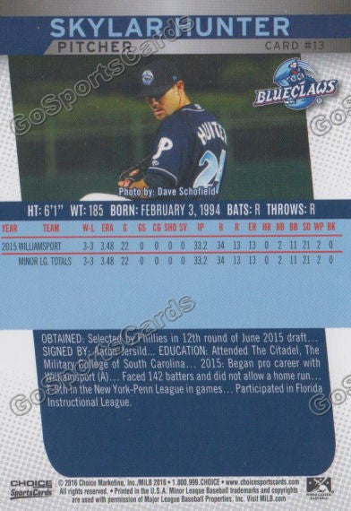 2016 Lakewood BlueClaws Skylar Hunter Back of Card