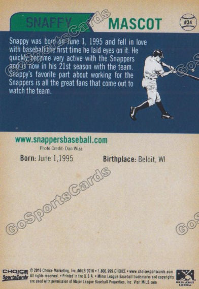 2016 Beloit Snappers Snappy Mascot Back of Card