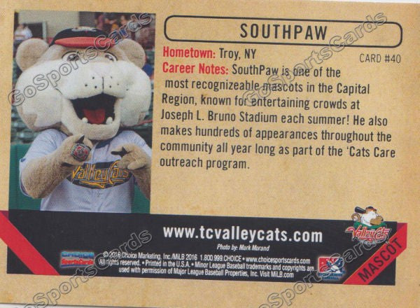 2016 Tri City ValleyCats Southpaw Mascot Back of Card