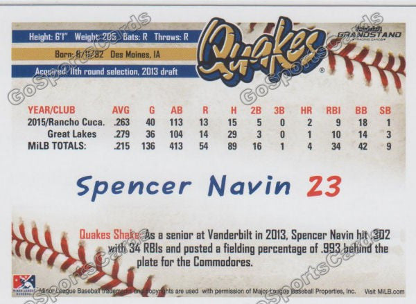 2016 Rancho Cucamonga Quakes Spencer Navin Back of Card