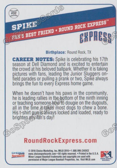 2016 Round Rock Express Spike Mascot Back of Card