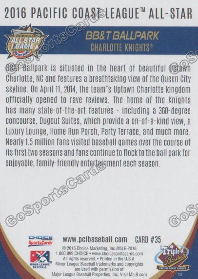 2016 Pacific Coast League All Star BB&T Ballpark Stadium Back of Card