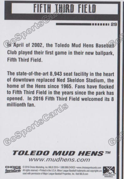 2016 Toledo Mud Hens Fifth Third Field Stadium Back of Card